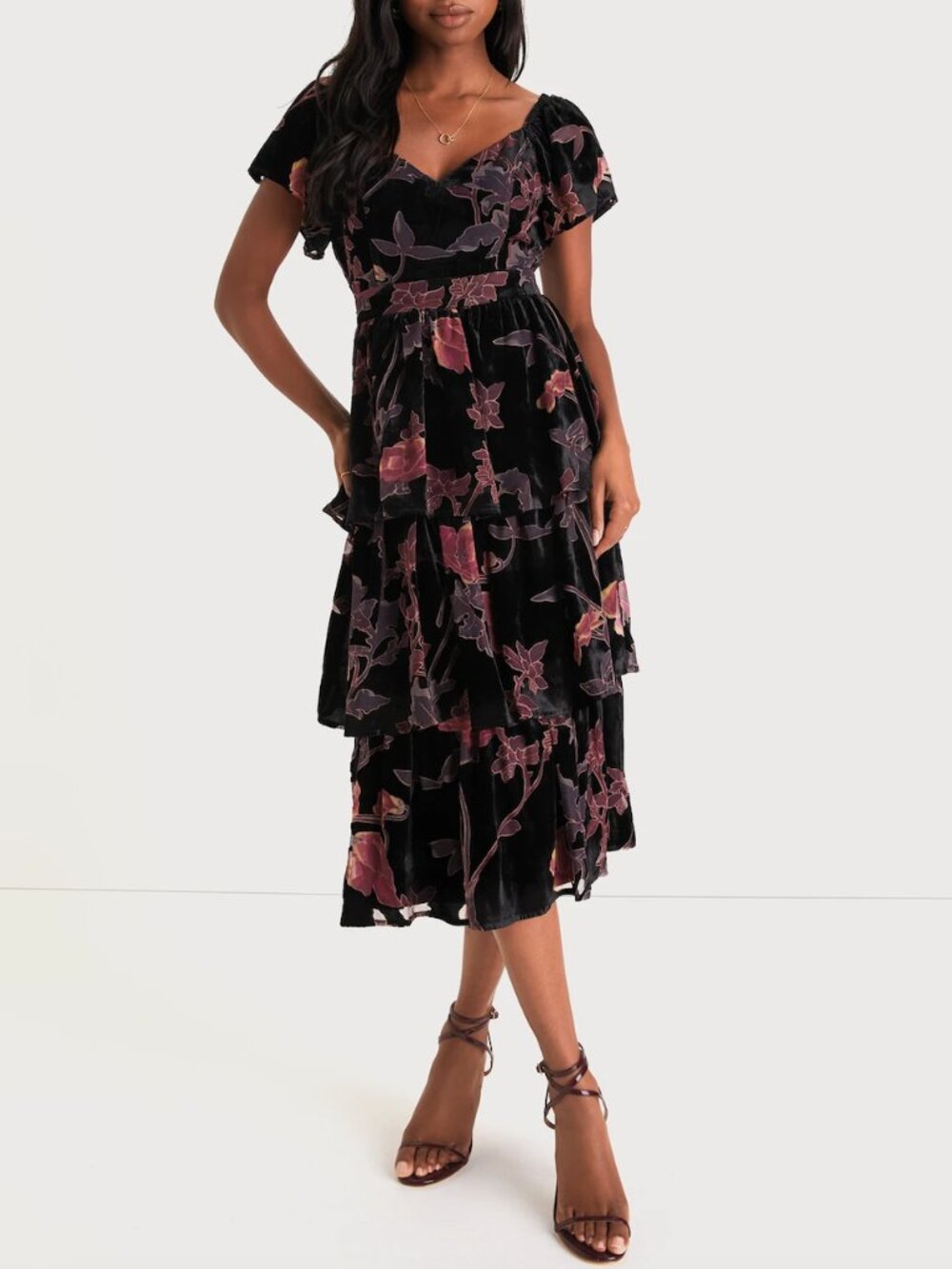 Lulu's Black Velvet Floral Midi Dress with Pink Accents